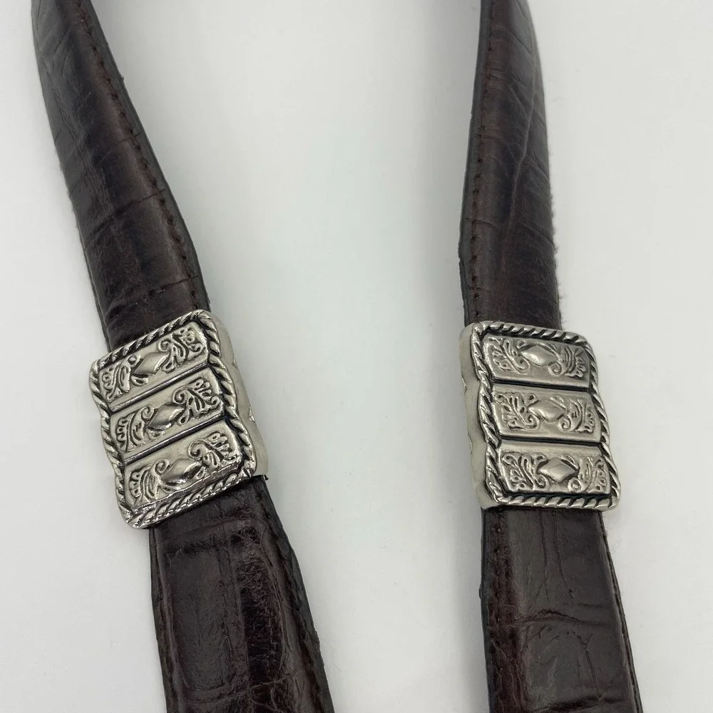 Vtg. 90s-Western-Boho Brown Croc Leather Belt Silver Buckle,Conchos,Womens Small
